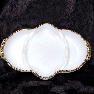 Vintage Fire King Ovenware~1950's Milk Glass~Divided Dish~Gold Trim~Relish Tray
